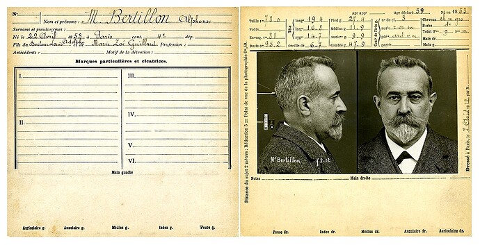Hồ sơ nhân trắc học của Alphonse Bertillon, 1912.
